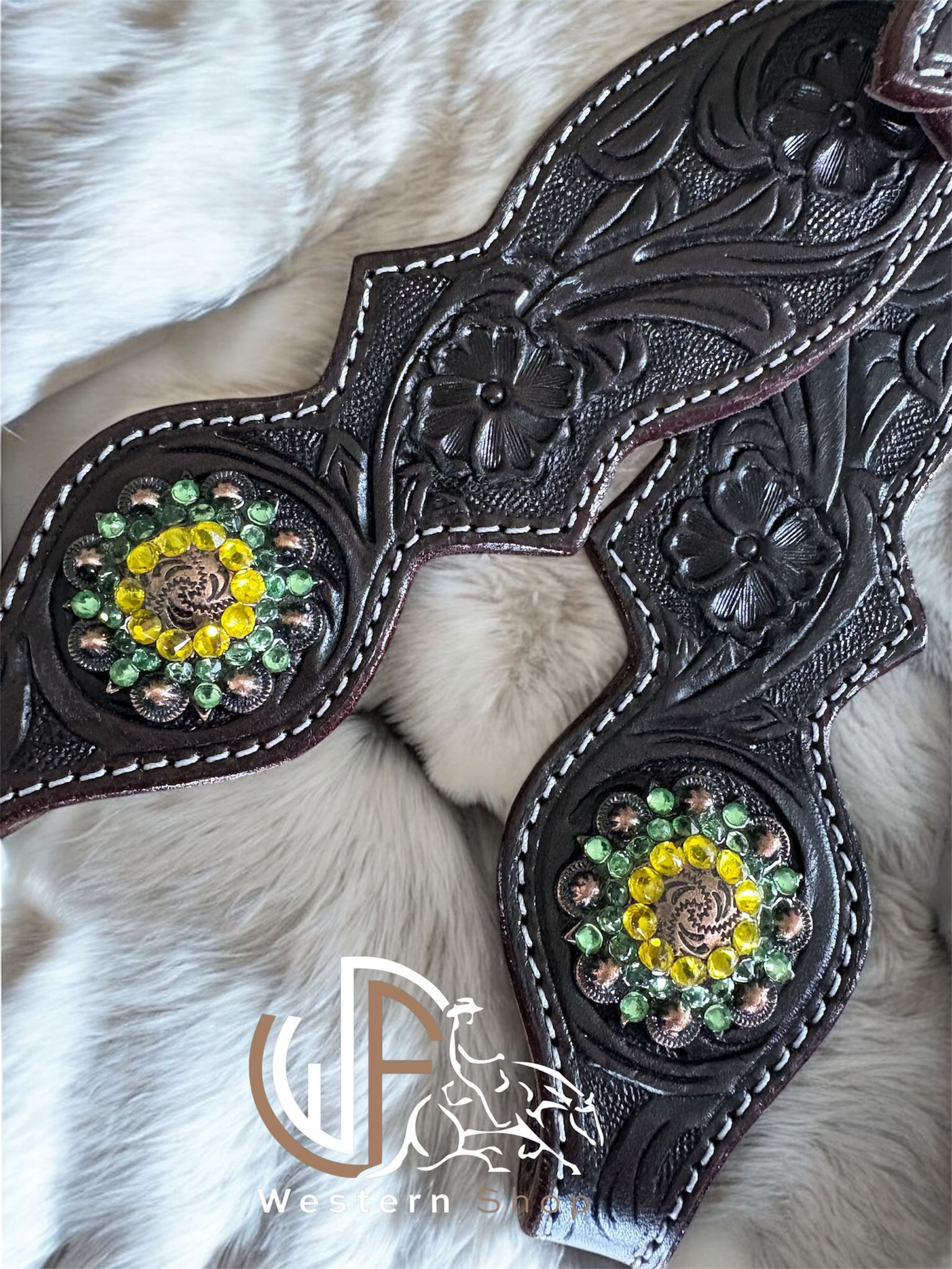 2610 Double Ear Brown - Ear loops & buckle set and conchos Green lemon XL – Image 3